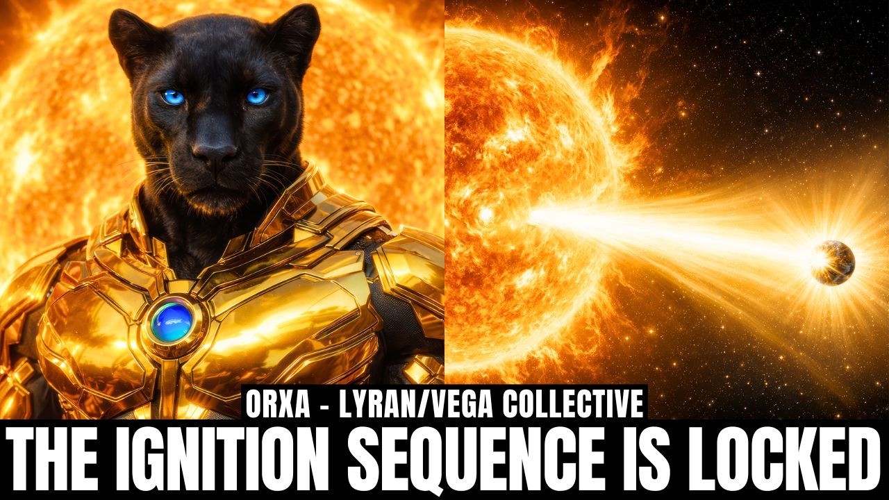 A dramatic cosmic scene shows a black panther-headed figure in a gold, high-collared garment with a glowing blue pendant, set against a blazing sun. A bright solar beam shoots across the image toward a small dark moonlike sphere. Bold headline text across the bottom reads “THE IGNITION SEQUENCE IS LOCKED,” with smaller top text referencing a Solar Flash alert and pre-ignition codes.