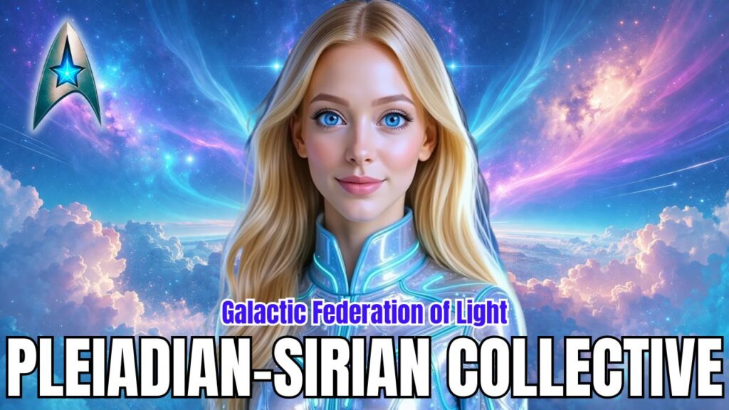 Pleiadian-Sirian Collective banner featuring a luminous blonde celestial woman in futuristic blue-white attire against a radiant pastel cosmic sky of turquoise, lavender, and pink clouds, with the text Galactic Federation of Light and Pleiadian-Sirian Collective.