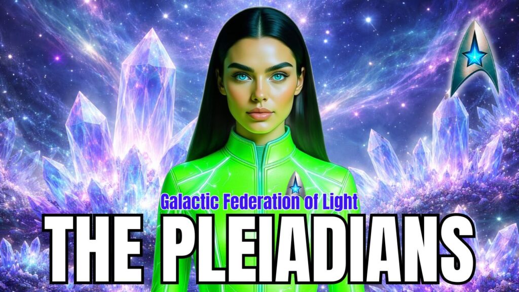 A luminous YouTube-style thumbnail for a Galactic Federation of Light category graphic featuring Rieva, a striking Pleiadian woman with long dark hair, bright blue eyes, and a glowing neon-green futuristic uniform, standing before a radiant crystal landscape under a swirling cosmic sky filled with stars and etheric light. Massive pastel crystals in violet, blue, and pink rise behind her, while bold headline text reads “THE PLEIADIANS” across the bottom and smaller title text above reads “Galactic Federation of Light.” A silver-blue star insignia appears on her chest and a matching Federation-style emblem floats in the upper-right corner, creating a vivid sci-fi spiritual aesthetic centered on Pleiadian identity, beauty, and galactic resonance.