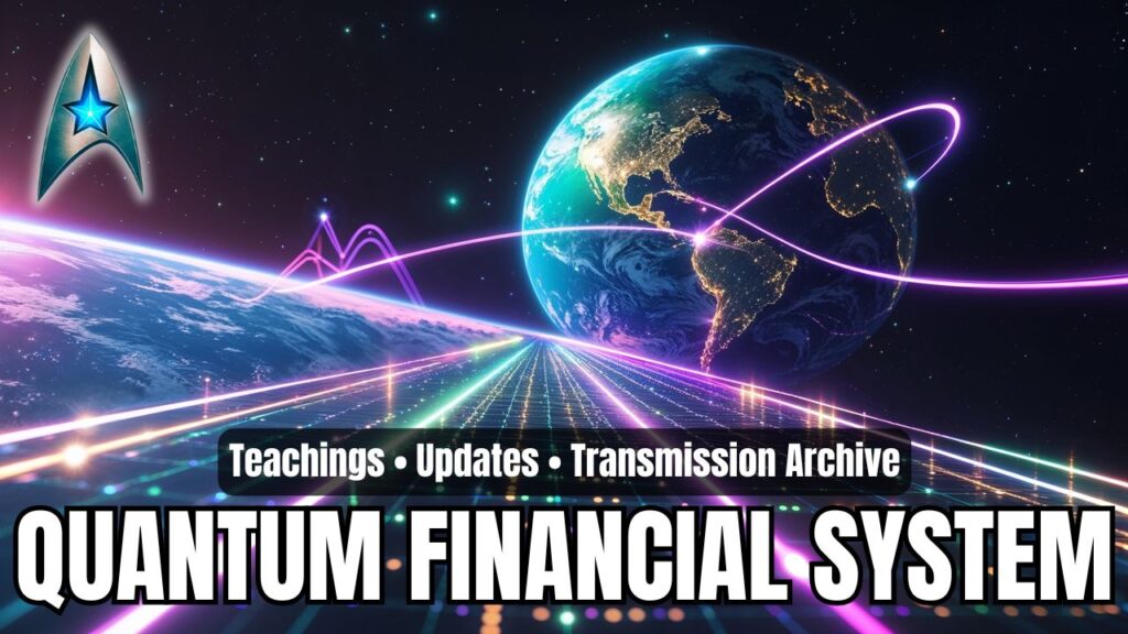 A vivid 16:9 category header graphic for a Quantum Financial System archive, showing Earth glowing against deep space while bright neon magenta, violet, blue, and white light pathways arc across the planet like interconnected financial or energetic grid lines. A futuristic luminous road or digital runway stretches from the foreground toward the horizon, suggesting quantum networks, global exchange, technological transition, and planetary connectivity. In the upper left corner is a metallic silver insignia with a radiant blue star, reinforcing the galactic and transmission-based identity of the archive. Bold white headline text at the bottom reads “QUANTUM FINANCIAL SYSTEM,” with a smaller banner above stating “Teachings • Updates • Transmission Archive,” making the image feel like a polished category portal for ongoing QFS briefings, blockchain-style system change, sovereign abundance, planetary coordination, and New Earth financial transformation.