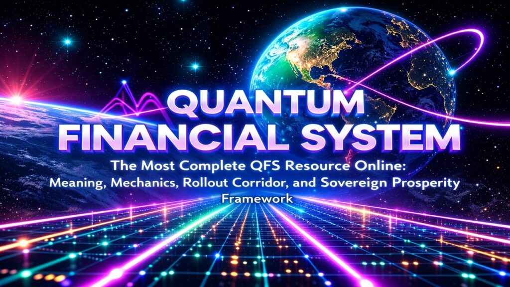 A vivid 16:9 sci-fi style pillar link block graphic for a Quantum Financial System resource page, featuring Earth glowing in space above a luminous neon grid that stretches toward the horizon like a futuristic digital highway. Bright magenta, violet, cyan, and white light lines arc around the planet, symbolizing global financial connectivity, quantum networks, blockchain-style exchange rails, and planetary system transformation. Large glowing headline text reads “QUANTUM FINANCIAL SYSTEM,” with smaller supporting text beneath: “The Most Complete QFS Resource Online: Meaning, Mechanics, Rollout Corridor, and Sovereign Prosperity Framework.” The overall image conveys advanced financial architecture, worldwide transition, sovereign abundance, crystalline exchange, and a high-authority portal for in-depth QFS teachings, updates, and rollout analysis.