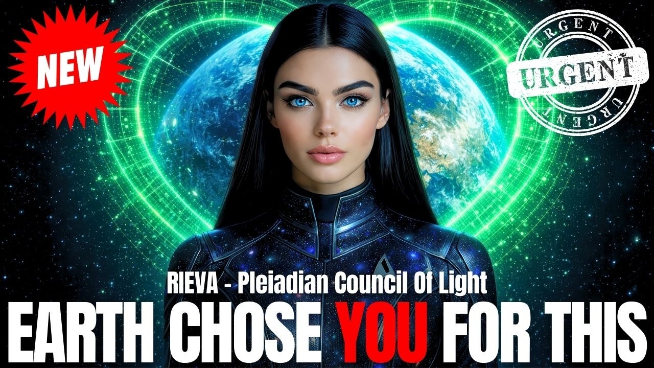 A dark-haired woman in a futuristic blue suit stands before Earth encircled by glowing green energy rings, symbolizing planetary awakening and higher-frequency activation. Bold text across the image reads “Earth Chose You For This,” with a red “NEW” burst adding urgency and a disclosure-style emblem reinforcing themes of ascension, unity consciousness, and collective mission.