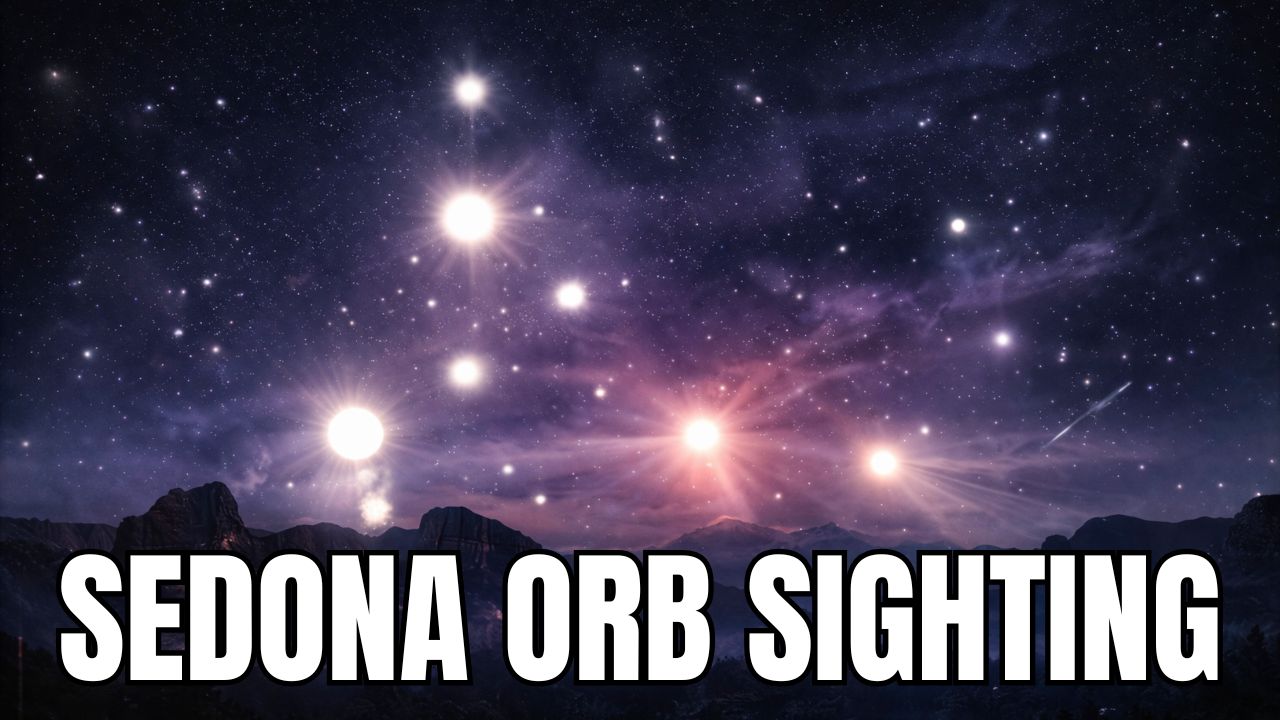 Wide 16:9 hero graphic for a Sedona orb sighting article, showing a dramatic star-filled night sky above Sedona’s red rock desert landscape with multiple large glowing orb lights suspended across the sky in bright white and pink-violet tones, surrounded by dense stars, faint cosmic cloud textures, and a small streak of light at right, while bold oversized headline text across the bottom reads “SEDONA ORB SIGHTING,” creating a cinematic disclosure-style visual tied to Sedona UFO sightings, orb footage, Arizona desert sky phenomena, and mysterious luminous aerial activity.