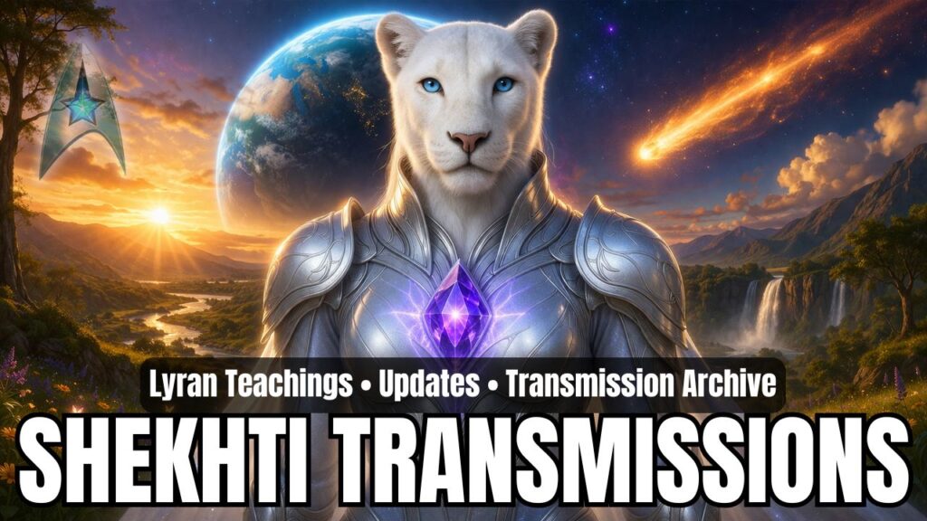 A cinematic 16:9 category header featuring Shekhti, a regal white panther emissary of the Lyran Collective, centered prominently in luminous silver-platinum armor with intricate etched detailing and a radiant violet crystal glowing from the chest. Her soft white fur, piercing blue eyes, and calm, sovereign expression convey strength, wisdom, and loving authority. Behind her, a warm golden sunrise pours across a lush Earth-like valley with winding rivers, wildflowers, trees, and distant waterfalls, creating an atmosphere that feels natural, peaceful, and heart-centered. An Earth-like planet rises large in the sky behind her, while a bright comet streaks across the upper right, adding a subtle first-contact and cosmic-awakening motif. The overall composition blends Lyran nobility, spiritual remembrance, multidimensional guidance, and New Earth harmony into a vibrant, high-frequency archive-style transmission graphic.