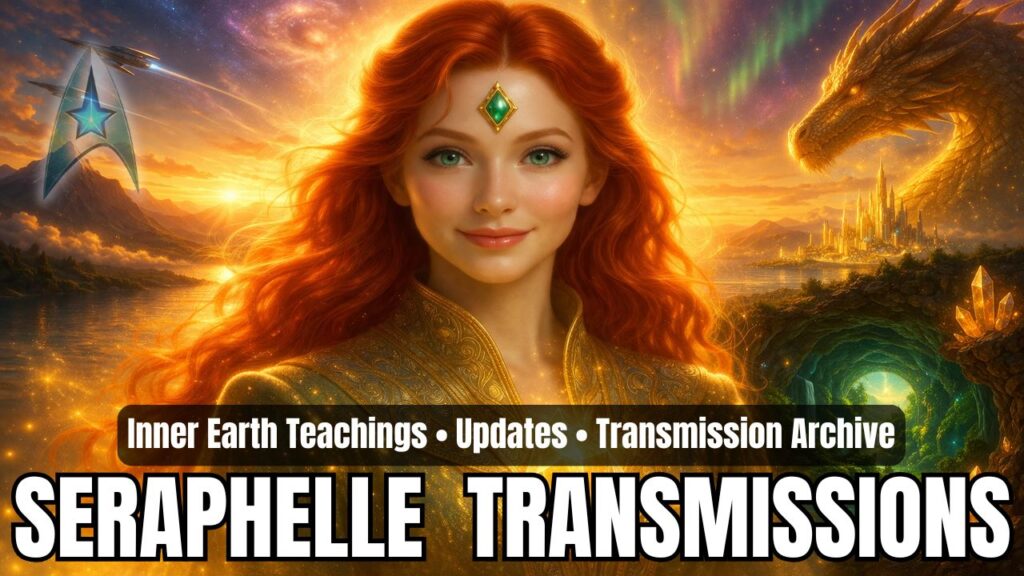 A luminous fantasy-style category header featuring Seraphelle, an Inner Earth emissary with long flowing red hair, bright green eyes, and a calm, radiant expression, centered prominently in a glowing golden landscape. She wears ornate luminous garments with intricate detailing and a green gemstone on her forehead, evoking a regal Atlantean or crystal-temple presence. Behind her, a warm golden sunrise stretches across water and mountain ranges, while a majestic dragon rises on the right beside a glowing crystalline city. At the lower right, a cave-like portal opens into a vibrant green inner realm, suggesting hidden worlds, sacred passageways, and Inner Earth wisdom. Subtle spacecraft appear in the sky on the left, blending fantasy and cosmic disclosure imagery. The overall composition is rich, mystical, and high-frequency, combining themes of Atlantis, dragons, crystal realms, Inner Earth teachings, and multidimensional transmission.
