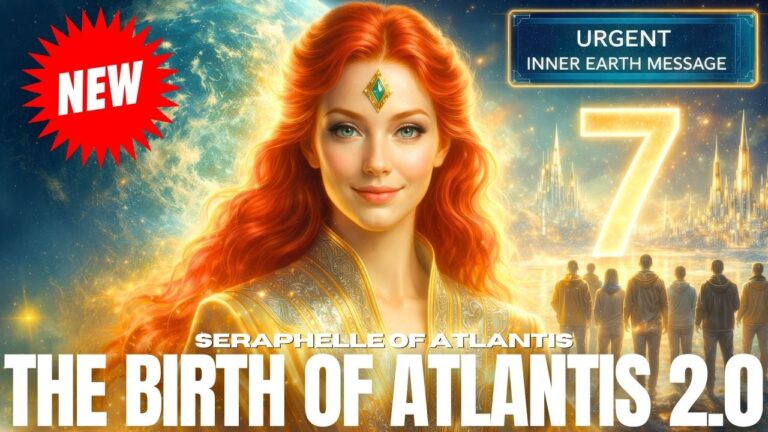 A luminous red-haired feminine figure with a glowing green jewel on her forehead stands at the center of a radiant golden scene symbolizing Atlantis reborn and Inner Earth awakening. A large glowing number 7 rises behind her, representing the anchoring of the new seventh humanity, while shadowed human figures walk toward a bright horizon on the right. Warm gold and amber light surrounds the image, evoking spiritual activation, hidden human powers, ancient remembrance, and the emergence of a new era in 2026.