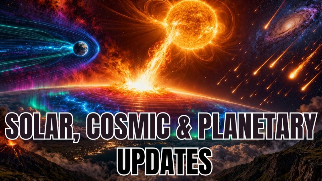 A dramatic and highly vibrant cosmic scene illustrates intense solar and planetary activity, with a massive blazing Sun dominating the upper right, ejecting a powerful stream of plasma toward Earth. The planet sits just below center, surrounded by luminous auroras and concentric energy fields representing geomagnetic activity and frequency shifts. To the left, Earth’s magnetic field is visualized with glowing blue and teal lines extending into space, while meteors streak across a colorful star-filled sky on the right. Distant galaxies and nebulae add depth to the background, reinforcing the scale of cosmic forces at play. The lower portion of the image features a darker mountainous landscape with subtle atmospheric glow, intentionally less visually dominant to allow for text overlay. The overall composition conveys solar flares, cosmic weather, planetary shifts, and high-energy space events associated with ascension, timeline acceleration, and Earth’s evolving energetic field.