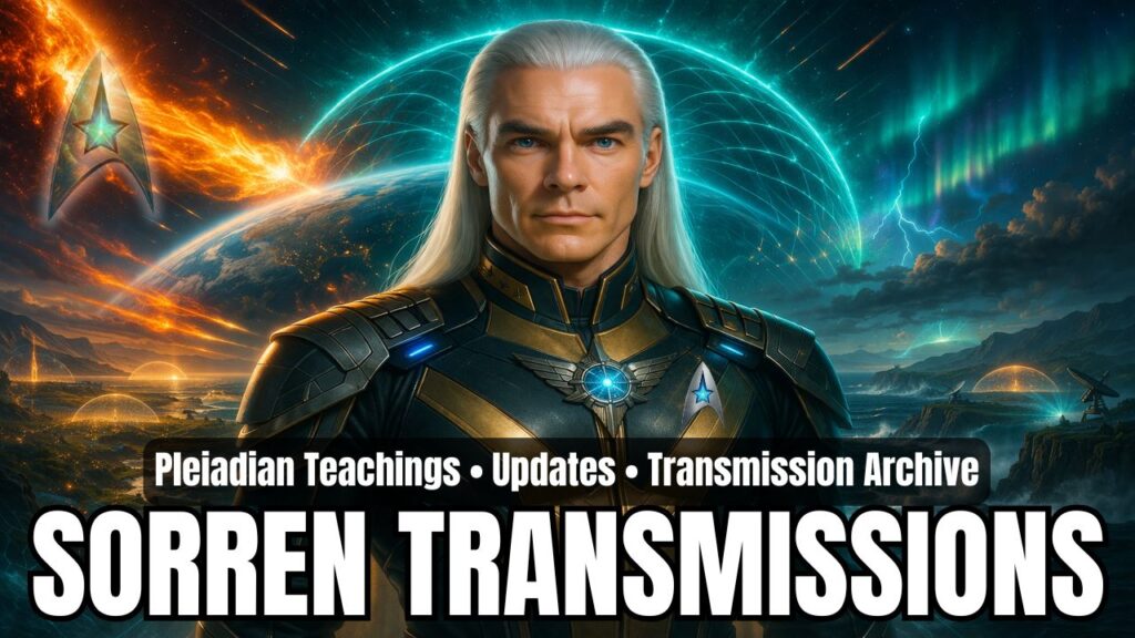 A cinematic 16:9 sci-fi category header featuring Sorren, a white-haired Pleiadian High Council emissary, centered prominently in dark commander-style armor accented with gold metallic paneling and glowing blue energy details. His calm, focused expression and strong posture convey wisdom, stability, and protective authority. Behind him, Earth curves across the horizon beneath a luminous teal geomagnetic shield dome, while an intense solar eruption streaks in from the upper left, suggesting solar convergence, plasma pressure, and planetary energetic impact. On the right, vivid auroras and lightning illuminate storm clouds over a dramatic ocean coastline, with subtle domed lights and satellite structures reinforcing themes of planetary protection, energetic stabilization, and cosmic oversight. The overall composition is bold, high-frequency, and atmospheric, blending Pleiadian leadership, solar storm intensity, geomagnetic transformation, and ascension-era guidance into a powerful archive-style transmission graphic.