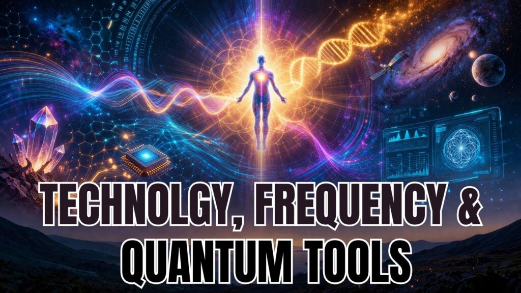 A vibrant, futuristic cosmic scene blends advanced technology with energetic and quantum themes, centered on a glowing human figure levitating in a radiant field of golden light and sacred geometry. Streams of colorful frequency waves flow outward from the figure, connecting to holographic interfaces, data panels, and geometric patterns that represent quantum systems and energetic intelligence. To the left, crystalline structures and a microchip-like device symbolize the fusion of natural and artificial technologies, while to the right, a DNA helix, planets, and a satellite float within a richly colored galaxy backdrop. Intricate circuitry patterns and luminous grids weave through the entire composition, illustrating frequency-based tools, consciousness technology, and multidimensional systems. The lower portion of the image features a calm, darkened landscape with soft atmospheric glow, intentionally less visually dominant to allow for text overlay. The overall composition conveys advanced quantum tools, frequency technology, consciousness integration, and the merging of science and spirituality.