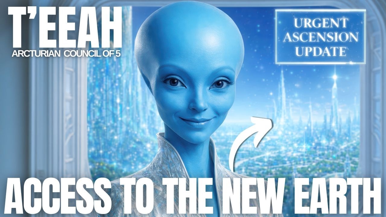 Blue-toned 16:9 channeling graphic featuring a luminous Arcturian figure with large dark eyes centered against a radiant New Earth-style background of glowing light, soft planetary energy, and crystalline atmospheric blues. Bold white title text across the bottom reads “ACCESS TO THE NEW EARTH,” while smaller headline text at the top identifies T’eeah. The overall design conveys higher consciousness, spiritual receptivity, divine support, inner governance, and the embodiment of a calmer, more coherent reality on Earth.