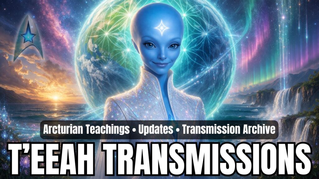 A luminous category header featuring T’EEAH of the Arcturian Council of 5, shown as a serene blue-skinned Arcturian being with a glowing forehead symbol and a sparkling crystalline ceremonial suit. Behind T’EEAH, a large Earth-like sphere glows with sacred geometric grid lines in turquoise, green, and blue tones above an ocean shoreline with waterfalls, auroras, and a pastel cosmic sky. The image conveys Arcturian guidance, planetary healing, timeline harmonization, and multidimensional intelligence.