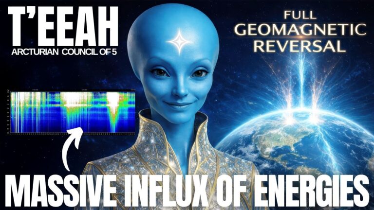 A glowing blue Arcturian being stands in the foreground against a dark cosmic background, facing forward with a calm and wise expression. The left side of the image features the name T’EEAH in large bold white lettering, while the right side shows Earth bathed in luminous blue light with multiple radiant energy beams descending into the planet from above. Across the bottom, large capital text reads MASSIVE INFLUX OF ENERGIES, reinforcing the transmission’s theme of powerful energetic acceleration, planetary activation, and New Earth embodiment. The overall tone is mystical, high-frequency, and futuristic, with electric blue tones, cosmic light effects, and a strong visual emphasis on galactic guidance, starseed awakening, dreamspace remembrance, and the inflow of transformative energies in 2026.