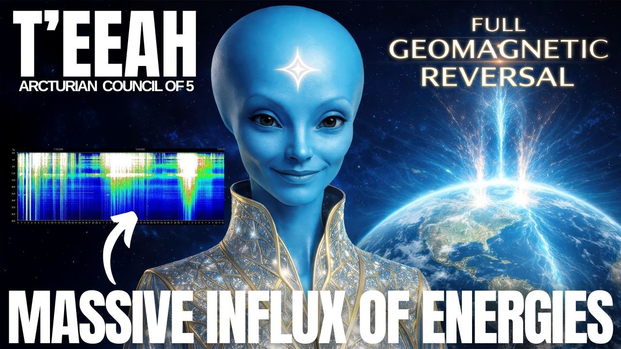 A glowing blue Arcturian being stands in the foreground against a dark cosmic background, facing forward with a calm and wise expression. The left side of the image features the name T’EEAH in large bold white lettering, while the right side shows Earth bathed in luminous blue light with multiple radiant energy beams descending into the planet from above. Across the bottom, large capital text reads MASSIVE INFLUX OF ENERGIES, reinforcing the transmission’s theme of powerful energetic acceleration, planetary activation, and New Earth embodiment. The overall tone is mystical, high-frequency, and futuristic, with electric blue tones, cosmic light effects, and a strong visual emphasis on galactic guidance, starseed awakening, dreamspace remembrance, and the inflow of transformative energies in 2026.