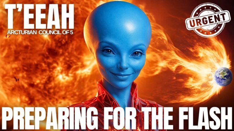Blue-skinned Arcturian being centered before a blazing orange solar background with energetic solar flare textures, bold white text reading “TEEAH” at the top and “PREPARING FOR THE FLASH” across the bottom, with a circular Galactic Federation of Light-style emblem in the upper right. The image conveys a Solar Flash Update for April 2026 focused on stellar convergence, solar code activation, mothership support, and collective timeline preparation.