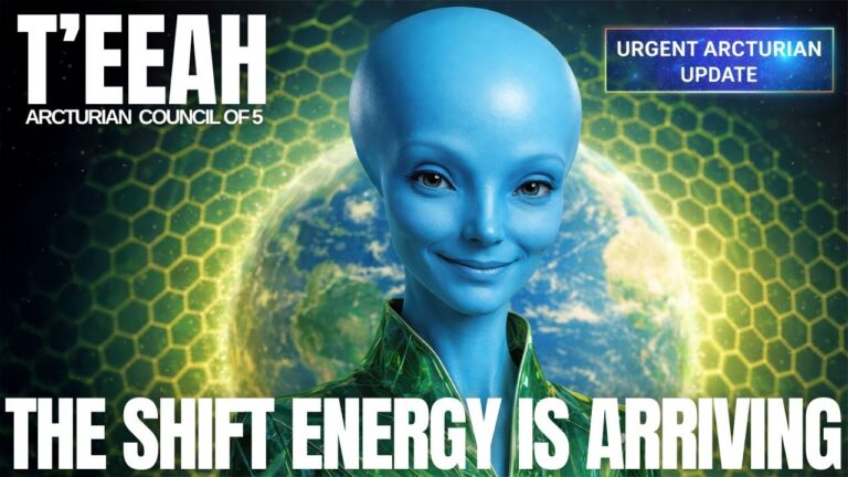 Green-and-gold futuristic portal grid with a blue Arcturian being centered beneath the name “T’EEAH.” Bold headline reads “THE SHIFT ENERGY IS ARRIVING,” with a small tag noting an Arcturian Council transmission for starseeds and frequency awareness.