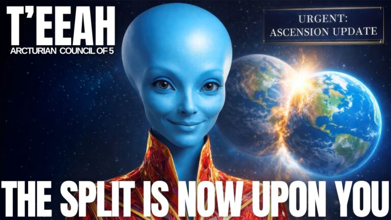 Blue-skinned Arcturian being beside a glowing Earth with radiant light breaking across the planet against a dark cosmic background. Bold text announces that the split is now open, emphasizing New Earth transition, starseed awakening, dreamspace guidance, and sacred mission embodiment.