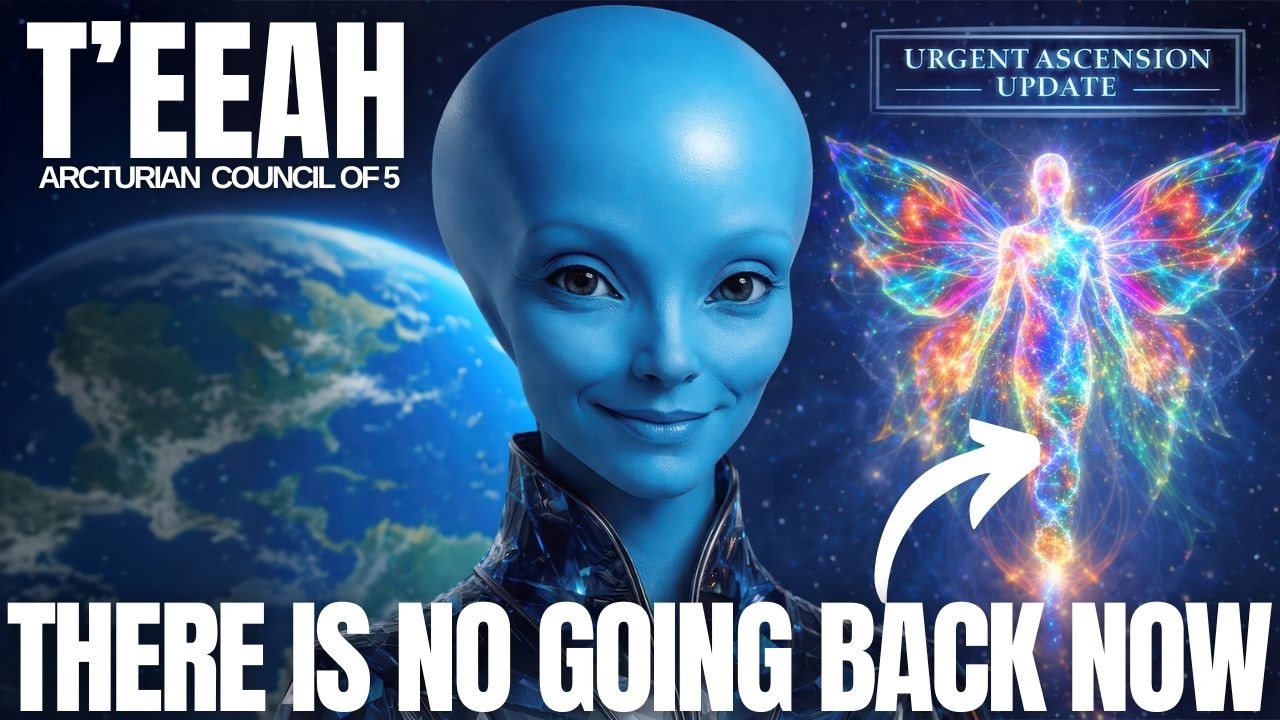 A dramatic 16:9 cosmic disclosure graphic showing a blue-skinned Arcturian-like being in the foreground beside Earth, with a luminous human figure radiating rainbow energy on the right against a deep indigo and electric-blue starfield. Bold white text across the bottom reads “THERE IS NO GOING BACK NOW,” while the upper-left corner features the label “TEEAH” and the upper-right corner includes a smaller tag referencing starseeds and the cosmic reset. The overall image conveys planetary transformation, spiritual awakening, timeline shift, divine flow, New Earth embodiment, and the irreversible collapse of old matrix consciousness.