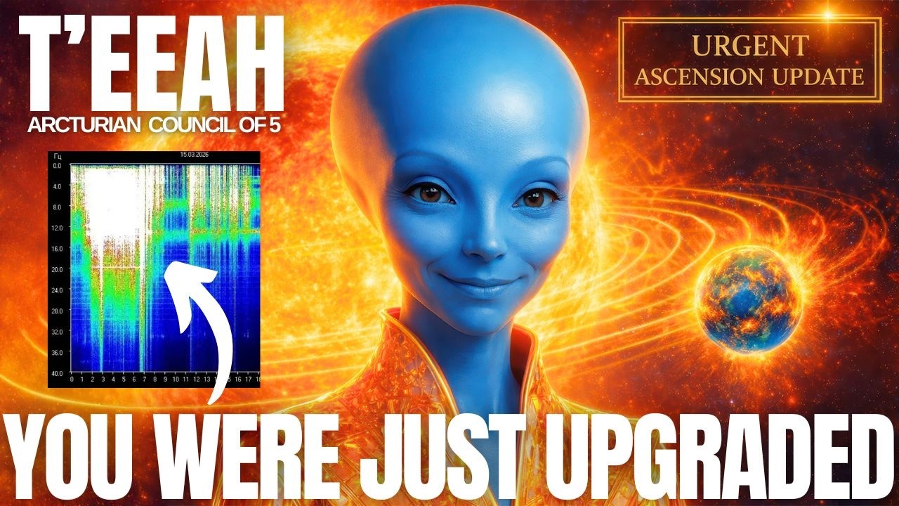 Blue-skinned Arcturian being identified as T’eeah against a fiery orange-gold cosmic background with Earth glowing at the side, alongside bold text reading “YOU WERE JUST UPGRADED,” representing the Cosmic Memory Ignition Pulse, spiritual activation, oversoul connection, soul gifts, energetic upgrades, and practical guidance for receiving, anchoring, expressing, and sharing new multidimensional abilities and inner clarity.