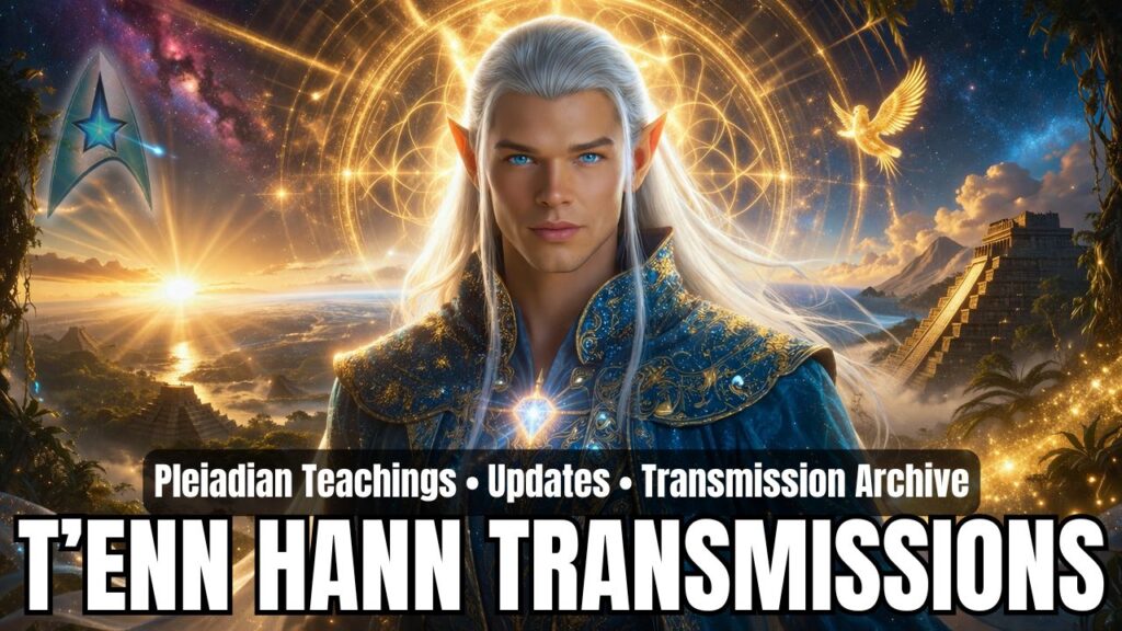 A radiant 16:9 category header featuring T’enn Håan of the Pleiadians, shown as a regal white-haired, elf-like cosmic guide with luminous blue eyes, long flowing hair, and a calm, heart-centered expression. He wears an ornate blue ceremonial robe with intricate gold detailing and a glowing chest jewel, standing before a vast golden halo of sacred geometric light. Behind him stretches a majestic sunrise over mist-filled valleys, with pyramid-temple structures, jungle-like terrain, and a luminous sky filled with stars and warm celestial light. A golden bird appears in flight on the right, adding to the mystical ascension atmosphere. The overall composition blends Pleiadian guidance, unity consciousness, sacred geometry, planetary alignment, higher remembrance, and divine New Earth activation into a powerful archive-style transmission graphic.