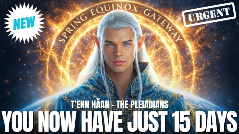 Golden radiant ascended being with luminous halo and sacred geometric light behind the head representing higher consciousness and cosmic guidance, with bold text overlay reading “You Now Have Just 15 Days,” symbolizing a countdown to the March Equinox energy surge, planetary alignment, and the great rebalancing of humanity as Earth approaches a powerful ascension gateway.