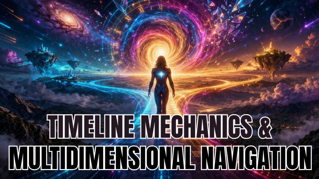 A breathtaking, high-energy cosmic landscape illustrates multidimensional travel and timeline navigation, centered on a lone human figure walking forward along a glowing, split pathway of blue and golden light. The path branches into multiple directions, symbolizing divergent timelines and conscious choice, as it leads toward a radiant swirling vortex portal in the sky. Surrounding the portal are luminous clock-like rings and geometric patterns representing time mechanics and dimensional layers. Floating islands with futuristic cities hover in the distance, while planets, galaxies, and crystalline fragments drift through a vibrant star-filled sky. Streams of colorful energy weave through the scene, emphasizing motion, frequency, and shifting realities. The lower portion of the image features darker mountainous terrain and soft atmospheric clouds, intentionally less visually dominant to allow for text overlay. The overall composition conveys timeline shifting, multidimensional navigation, parallel realities, and conscious movement through evolving states of existence.