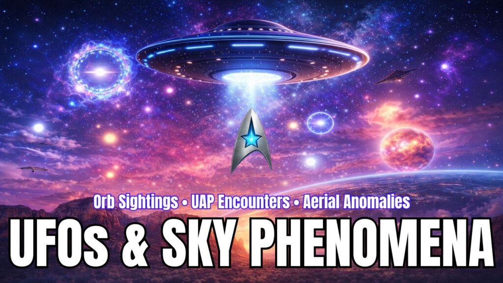 Wide 16:9 feature graphic for a UFO and UAP sky phenomena category page, showing a massive glowing disc-shaped UFO centered high in a vivid cosmic sky above a red rock desert landscape at sunset, with a bright blue-white beam descending from the craft and a metallic star-emblem symbol floating beneath it. The background is filled with colorful orb lights, a luminous circular portal at left, a smaller ringed light at right, distant triangular craft, a glowing planetary body on the horizon, and a sweeping Earth-like curve across the lower right, all rendered in bright etheric purples, blues, pinks, and golds. Bold headline text across the lower portion reads “UFOS & SKY PHENOMENA,” with smaller text above stating “Orb Sightings • UAP Encounters • Aerial Anomalies,” creating a cinematic disclosure-style visual for UAP sightings, UFO encounters, aerial anomalies, orb activity, and cosmic sky events.