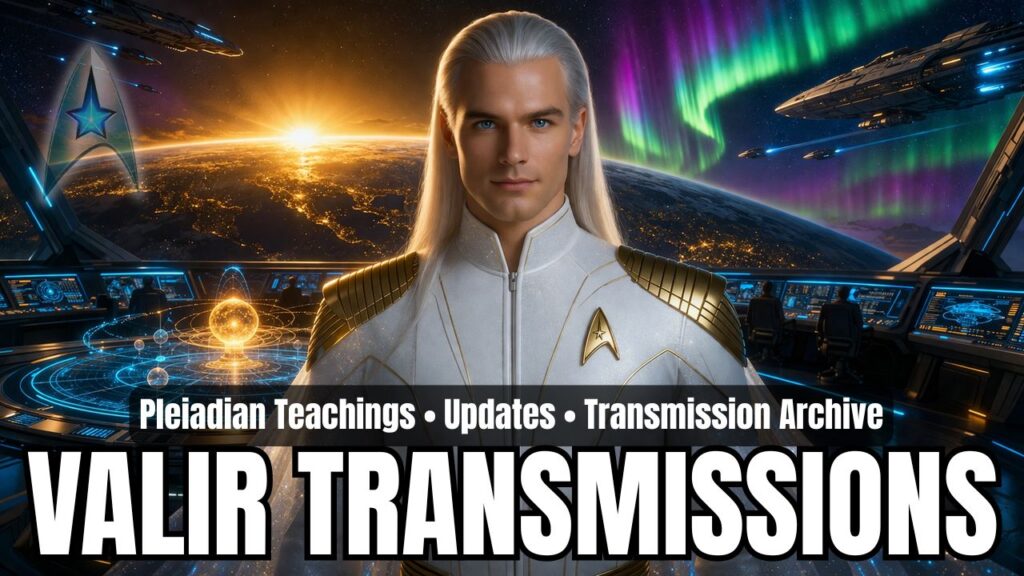 A cinematic 16:9 category header featuring Valir, a commanding Pleiadian emissary with long platinum-blond hair, piercing blue eyes, and a composed, authoritative expression, standing at the center of a futuristic starship command bridge. He wears a refined white uniform with gold shoulder accents and a luminous chest insignia, embodying high-ranking leadership and calm strategic presence. Behind him, a panoramic viewing window reveals Earth from orbit at sunrise, its city lights glowing along the horizon as golden sunlight breaks across the curvature of the planet. Surrounding the bridge are advanced holographic interfaces, circular tactical displays, and illuminated control panels, with crew stations subtly visible in the background. Multiple sleek starships glide through space outside, while vibrant aurora-like energy fields arc across the sky, suggesting heightened geomagnetic activity and planetary transition. The composition conveys themes of command oversight, interstellar coordination, solar activity awareness, and protective guardianship, presenting Valir as a central figure in planetary monitoring, ascension guidance, and high-level cosmic operations.