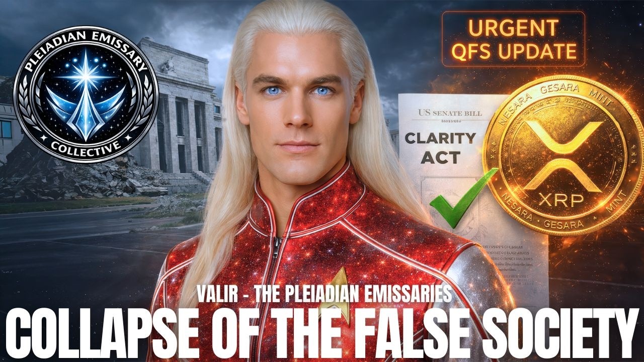 A luminous white-haired galactic figure in red stands before symbols of financial collapse and digital transition, with a glowing XRP coin, a green approval check, and institutional imagery suggesting the collapse of the false society and the rise of a sovereignty-based New Earth system.