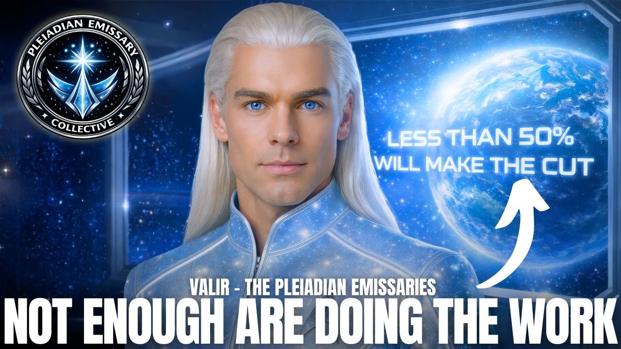 Blue-toned 16:9 spiritual graphic featuring a white-haired Pleiadian emissary in a luminous futuristic garment against a glowing cosmic background, with Earth radiating light behind him. Bold headline text across the bottom reads “NOT ENOUGH ARE DOING THE WORK,” emphasizing urgency around daily ascension practice, sovereign embodiment, and New Earth readiness. A curved arrow points toward a glowing phrase on the right, reinforcing themes of the Sovereign Breath of God Is, crystalline grid alignment, self-governance, and the need for consistent inner work to enter the New Earth now.