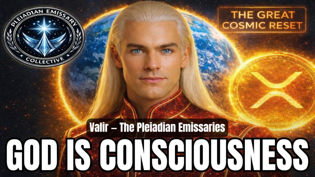 16:9 cosmic spiritual graphic featuring a luminous blond Pleiadian emissary identified as Valir centered before a glowing Earth halo and a radiant golden circular symbol, with the Pleiadian Emissary Collective seal in the upper left and a neon-framed headline in the upper right reading “THE GREAT COSMIC RESET.” Across the lower half, bold white title text with black outline reads “GOD IS CONSCIOUSNESS,” with a smaller subtitle above it reading “Valir – The Pleiadian Emissaries.” The image conveys divine presence, higher consciousness, spiritual awakening, inner remembrance, and the end of separation.