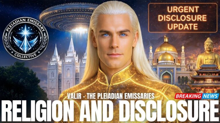 A luminous 16:9 cosmic banner featuring a golden-haired Pleiadian figure in the foreground, with futuristic city lights and starfield imagery behind. Bold headline text reads “RELIGION AND DISCLOSURE,” with smaller copy referencing disclosure timing and sovereignty themes. A Galactic Federation-style emblem appears in the corner, framing the graphic as a transmission-style feature image.