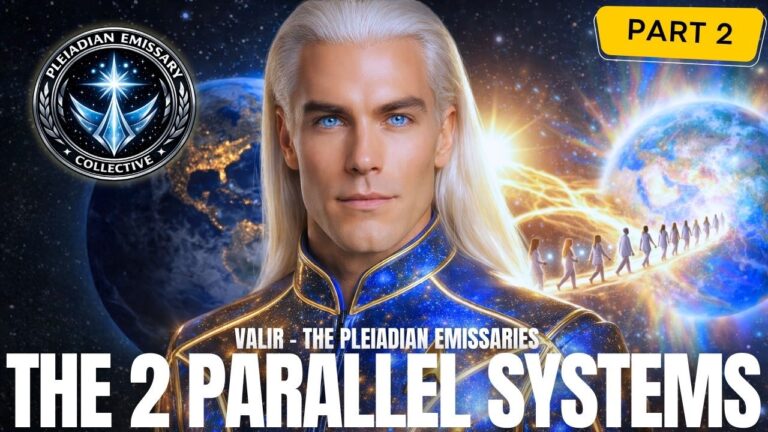 A cinematic 16:9 spiritual sci-fi graphic showing a luminous white-haired humanoid emissary in a glowing blue high-collar uniform standing before a radiant cosmic backdrop with Earth, golden light, and energetic planetary structures behind him. A bright yellow label in the upper corner reads Part 3, while the bold title text across the bottom says The 2 Parallel Systems. The image conveys timeline bifurcation, New Earth transformation, starseed awakening, sovereignty, and the split between the old matrix and an emerging higher-frequency reality.