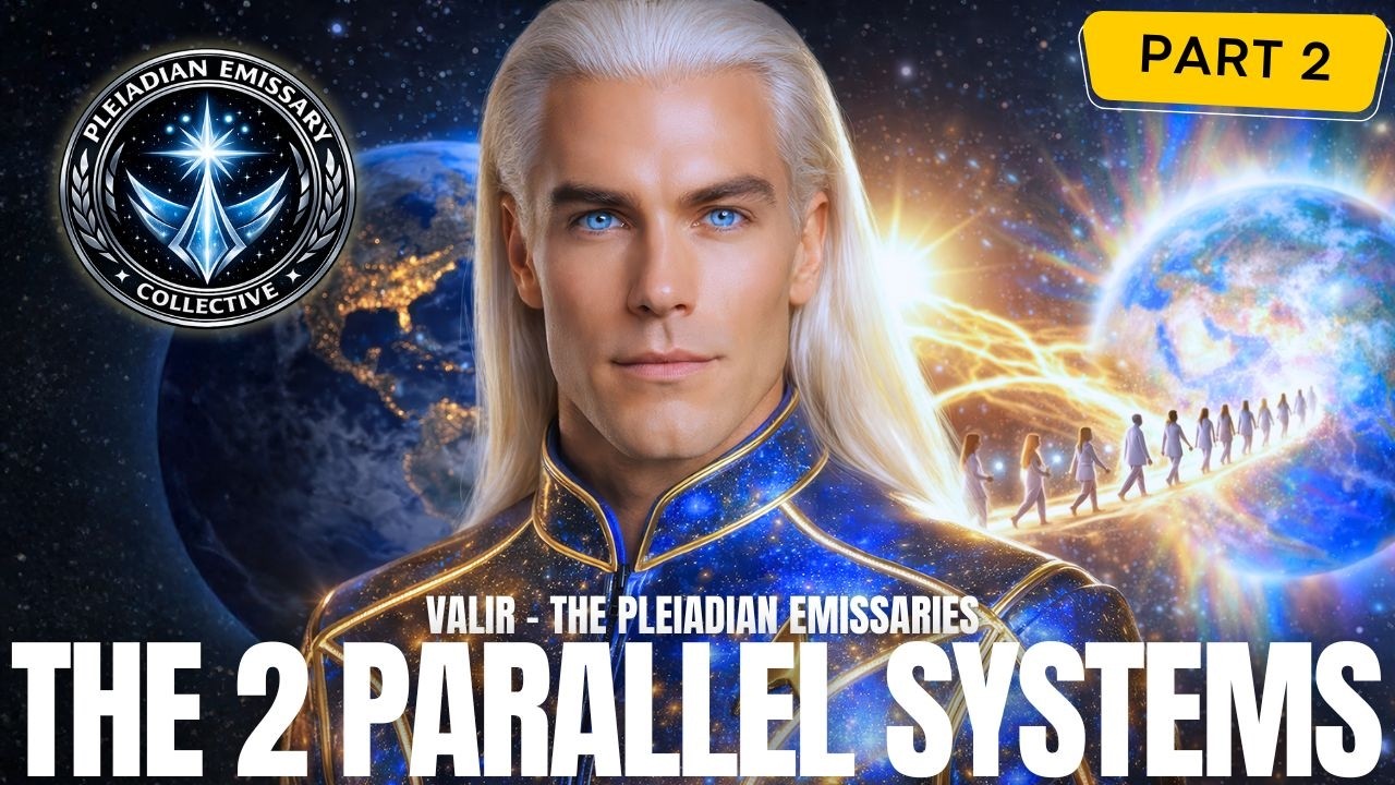 A cinematic 16:9 spiritual sci-fi graphic showing a luminous white-haired humanoid emissary in a glowing blue high-collar uniform standing before a radiant cosmic backdrop with Earth, golden light, and energetic planetary structures behind him. A bright yellow label in the upper corner reads Part 3, while the bold title text across the bottom says The 2 Parallel Systems. The image conveys timeline bifurcation, New Earth transformation, starseed awakening, sovereignty, and the split between the old matrix and an emerging higher-frequency reality.