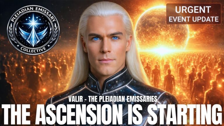YouTube-style thumbnail for a spiritual ascension article titled “High Frequency Energy Wave Alert: Planetary Alignments and the Three Daily Steps to Let Go of Fear and Return to Divine Mind,” featuring a close-up of a blond, long-haired Pleiadian figure in a dark high-collared uniform against a fiery golden-orange cosmic background with a glowing planetary alignment or solar halo behind him, a Galactic Federation-style emblem in the upper left, an “URGENT COSMIC UPDATE” label in the upper right, and bold caption text reading “THE ASCENSION IS STARTING,” conveying planetary shift, spiritual awakening, high-frequency energy, and divine mind activation.
