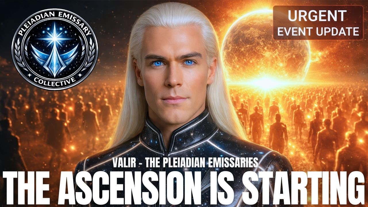 YouTube-style thumbnail for a spiritual ascension article titled “High Frequency Energy Wave Alert: Planetary Alignments and the Three Daily Steps to Let Go of Fear and Return to Divine Mind,” featuring a close-up of a blond, long-haired Pleiadian figure in a dark high-collared uniform against a fiery golden-orange cosmic background with a glowing planetary alignment or solar halo behind him, a Galactic Federation-style emblem in the upper left, an “URGENT COSMIC UPDATE” label in the upper right, and bold caption text reading “THE ASCENSION IS STARTING,” conveying planetary shift, spiritual awakening, high-frequency energy, and divine mind activation.