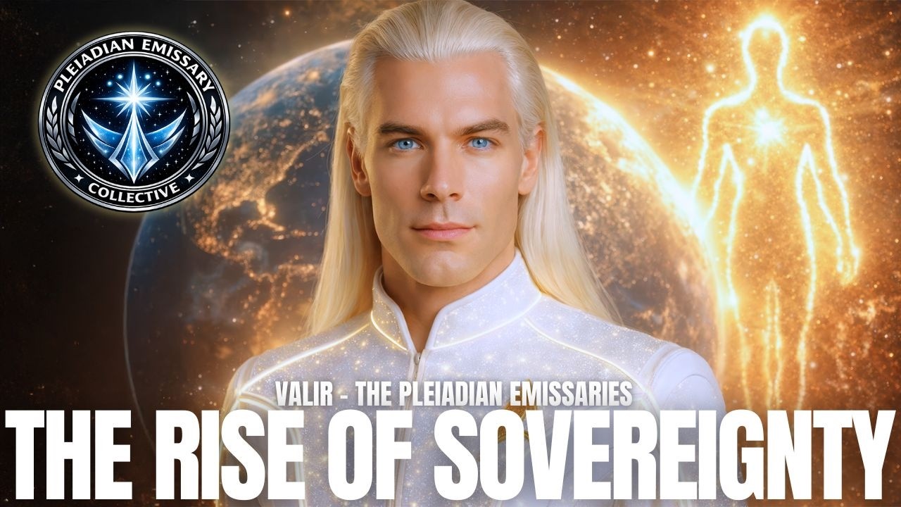 16:9 cinematic spiritual graphic featuring Valir of the Pleiadian Emissaries in the foreground with long light hair, glowing white garments, and a calm authoritative expression, set before a golden Earth-lit cosmic background. A luminous human energy outline appears to the right, symbolizing awakening, embodiment, and sovereign light activation. Bold title text at the bottom reads “THE RISE OF SOVEREIGNTY,” reinforcing themes of sovereignty consent protocol, Level 5 embodiment, spiritual authority, New Earth systems, and freedom from external control.