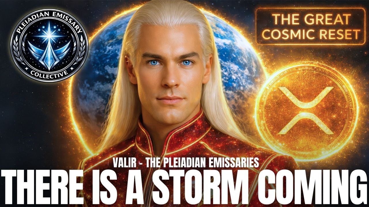 16:9 cosmic spiritual graphic featuring Valir, a long-haired luminous Pleiadian emissary, centered in the foreground before Earth and a glowing golden celestial sphere with sacred geometric energy. A Galactic Federation-style emblem appears in the upper left, while bold headline text across the bottom reads “THERE IS A STORM COMING.” The image conveys divine warning, higher consciousness, spiritual awakening, timeline shifts, fear dissolution, and calm sovereign presence during collective chaos.