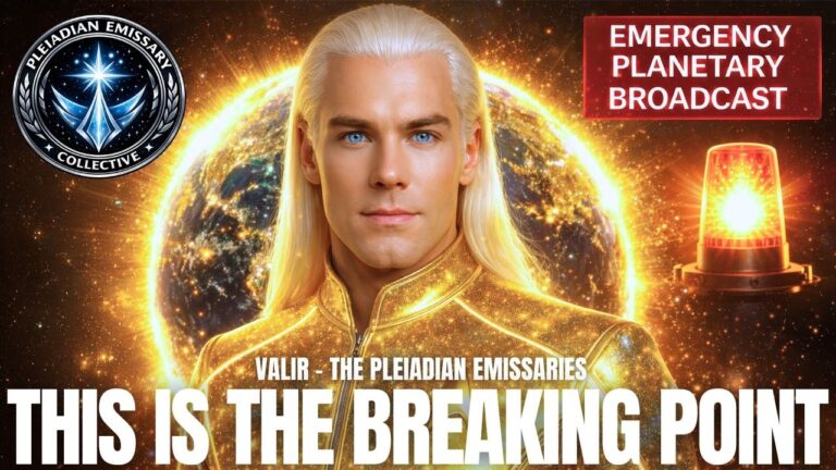 YouTube-style thumbnail for an article titled “Shadow Sentinel, Galactic Cycle, And The Seven Levels Of Sovereignty: How To Reclaim Energetic Self-Ownership And Anchor The New Earth,” featuring a glowing blond, human-like galactic figure in radiant golden light standing before a fiery planetary backdrop, with an alert-style red box reading “EMERGENCY PLANETARY BROADCAST” in the upper right, a bright solar flare or portal beside it, a circular blue-white emblem in the upper left, and bold caption text across the bottom reading “THIS IS THE BREAKING POINT,” designed to evoke spiritual urgency, planetary transformation, sovereignty awakening, cosmic light activation, and the collapse of old matrix control.