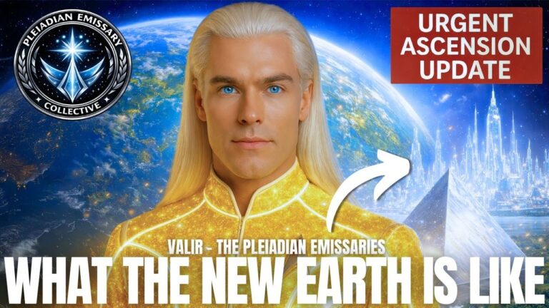 A luminous New Earth ascension graphic showing a golden-haired spiritual figure in front of Earth, with a radiant crystalline city rising on the right and an upward white arrow pointing toward it. A red banner reads “Urgent Ascension Update,” while bold white text across the bottom says “What the New Earth Is Like.” The image conveys sovereignty activation, planetary transformation, galactic reunion, and humanity’s transition into a higher-dimensional reality.