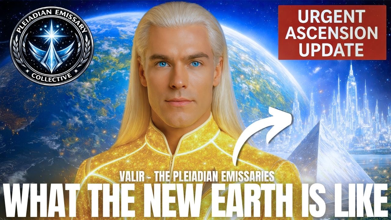 A luminous New Earth ascension graphic showing a golden-haired spiritual figure in front of Earth, with a radiant crystalline city rising on the right and an upward white arrow pointing toward it. A red banner reads “Urgent Ascension Update,” while bold white text across the bottom says “What the New Earth Is Like.” The image conveys sovereignty activation, planetary transformation, galactic reunion, and humanity’s transition into a higher-dimensional reality.