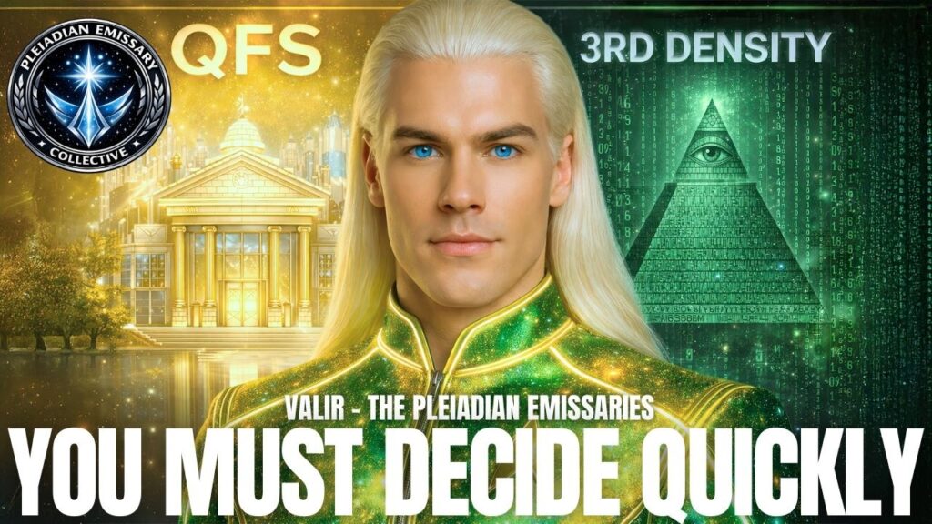 Free Energy & Zero-Point Energy 9 | Galactic Federation of Light | The Campfire Circle A dramatic 16:9 spiritual sci-fi graphic showing a pale-haired galactic figure in luminous green and gold robes standing between two contrasting realities. On the left, golden light, the word “QFS,” and a radiant classical structure symbolize sovereign abundance, restored prosperity, and the emerging New Earth financial system. On the right, a glowing green triangular grid marked “3RD DENSITY” represents the fading old matrix, lower-frequency control systems, and the collapsing fear-based timeline. Large bold text across the bottom reads “YOU MUST DECIDE QUICKLY,” emphasizing urgent conscious choice, timeline separation, sovereignty, and the divergence between parallel realities. A circular emblem appears in the upper left corner, and the overall image conveys the 5D split, New Earth timeline convergence, QFS awakening, free energy emergence, DNA rebundling, and the decisive shift from old systems into embodied sovereign reality.
