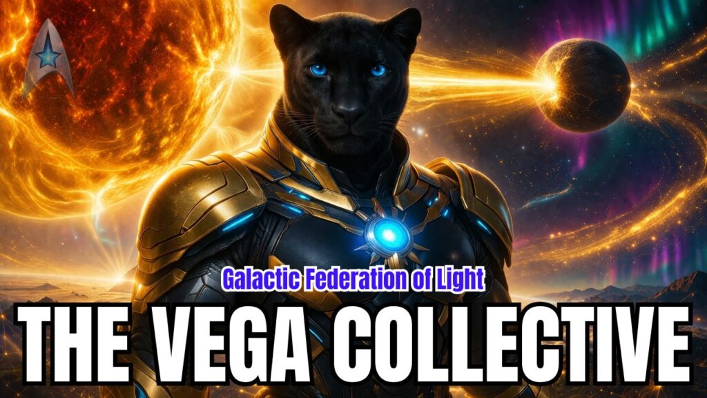 A dramatic 16:9 cosmic category header featuring a black panther-like Vega Collective being in ornate gold-and-blue armor with glowing blue eyes and a radiant chest core, standing before a blazing star, an illuminated planet, and streaking celestial energy across a vivid space sky, with bold overlay text reading “Galactic Federation of Light” and “The Vega Collective.”