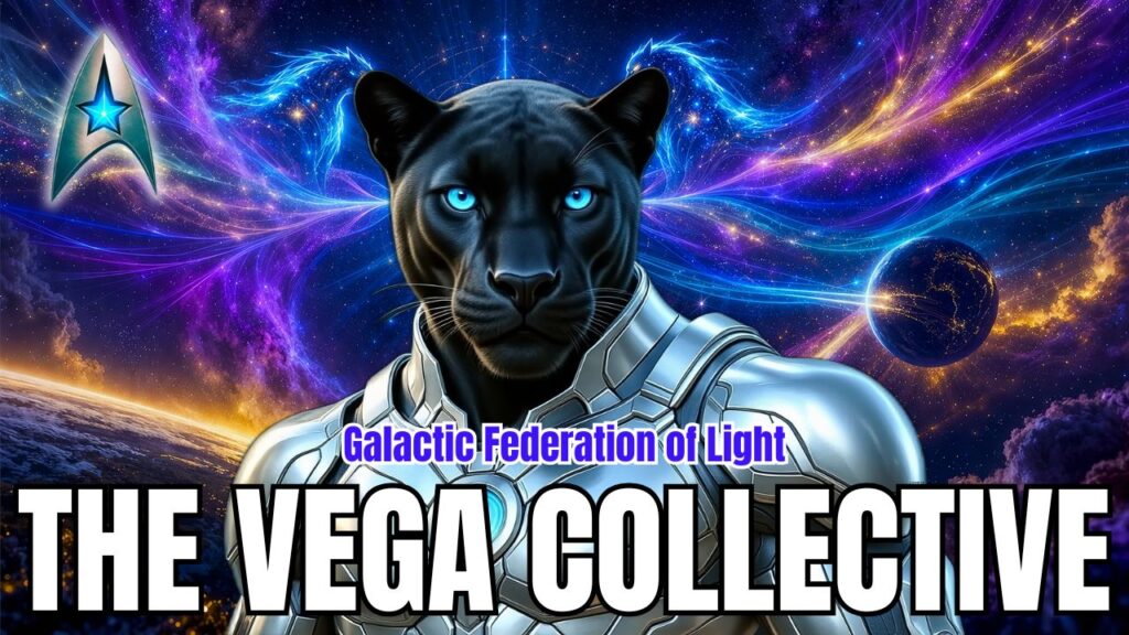 Արեգակնային լուսարձակը դու ես. Ինչպես են 3I Ատլասը, Պսակի բացվածքները և Սրտի ամենօրյա համաձայնությունը լուռ մարզում մարդկությանը Երկրի նոր շեմին — ORXA Transmission 3 | Լույսի Գալակտիկական Ֆեդերացիա | Campfire Circle Վեգա կոլեկտիվի վառ տիեզերական պաստառային գրաֆիկա, որտեղ կենտրոնում պատկերված է արքայական սև հովազանման մարդանման կերպար՝ արծաթե ֆուտուրիստական զրահով, որը փայլող էլեկտրական կապույտ աչքերով նայում է առաջ։ Ֆիգուրայի ետևում աստղերով լի խորը տիեզերական ֆոնի վրա պտտվում են գալակտիկական էներգիայի փայլուն մանուշակագույն, կապույտ և ոսկեգույն հոսանքներ, որոնցում հեռվում երևում են մոլորակներ և փայլող երկնային մարմիններ։ Վերին ձախ անկյունում հայտնվում է արծաթա-կապույտ Լույսի Գալակտիկական Ֆեդերացիայի խորհրդանիշը, մինչդեռ փայլող մոլորակի կոր հորիզոնը բարձրանում է ստորին ձախ եզրով։ Պատկերի վրա թավատառ վերնագրի տեքստը գրված է «Լույսի Գալակտիկական Ֆեդերացիա»՝ «ՎԵԳԱ ԿՈԼԵԿՏԻՎ» հսկայական վերնագրի վերևում, ստեղծելով դրամատիկ, բարձր ազդեցություն ունեցող գիտաֆանտաստիկ գեղագիտություն, որը թվում է հզոր, միստիկ և հեղինակավոր։.