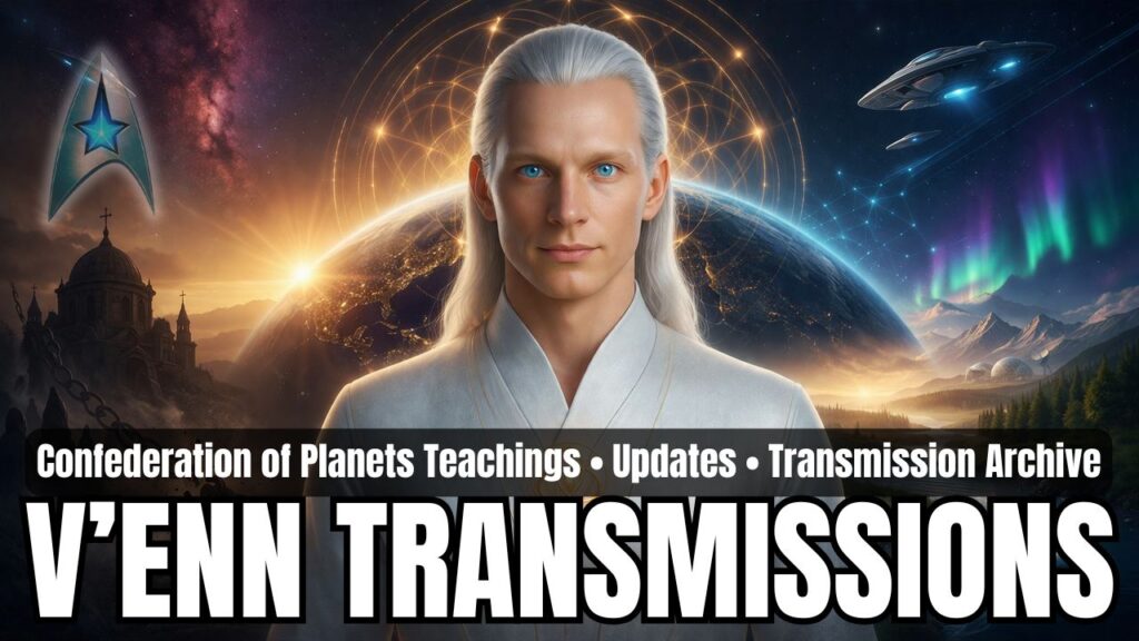 A cinematic 16:9 category header featuring V’enn of the Confederation of Planets, shown as a calm white-haired cosmic emissary with luminous blue eyes, a serene expression, and flowing light robes. He stands centered before a glowing Earth horizon crowned by warm sacred geometric light, symbolizing unity consciousness, inner knowing, and divine remembrance. On the left, shadowed religious architecture and broken chains suggest the dissolution of fear-based control and distorted spiritual authority, while on the right a peaceful river valley, mountains, auroras, and luminous craft evoke free will, cosmic guidance, and humanity’s return to harmony within the greater galactic order. The overall composition blends spiritual sovereignty, discernment, compassion, and awakened planetary participation into a vivid archive-style transmission graphic.
