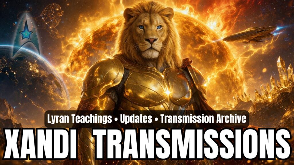 Golden lion-headed Lyran warrior Xandi standing in radiant, regal armor before a blazing solar backdrop, surrounded by lightning-like energy arcs, crystalline structures, and distant planets, symbolizing Lyran strength, ancestral DNA activation, Solar Flash readiness, and lion-hearted leadership within the Galactic Federation of Light, with deep space elements, starships, and cosmic fire illuminating a powerful New Earth ascension transmission scene.