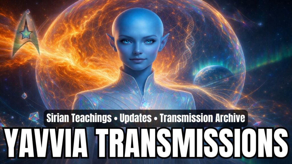 Sirian emissary Yavvia appears as a serene blue-skinned humanoid with luminous teal eyes and a calm, knowing expression, centered before a massive translucent energy sphere filled with flowing solar plasma streams, crystalline light filaments, and sacred geometric patterns. Her iridescent, prismatic high-collared suit reflects subtle rainbow hues, symbolizing crystalline consciousness and multidimensional embodiment. Behind her, golden plasma waves arc and harmonize into structured light within the spherical field, illustrating the translation of intense solar energies into coherence. A distant Earth and soft aurora glow sit subtly in the background, while floating crystalline nodes and light-thread DNA patterns weave through the scene. The composition conveys calm authority, energetic stabilization, ascension guidance, and the embodiment of unity consciousness during planetary transformation.