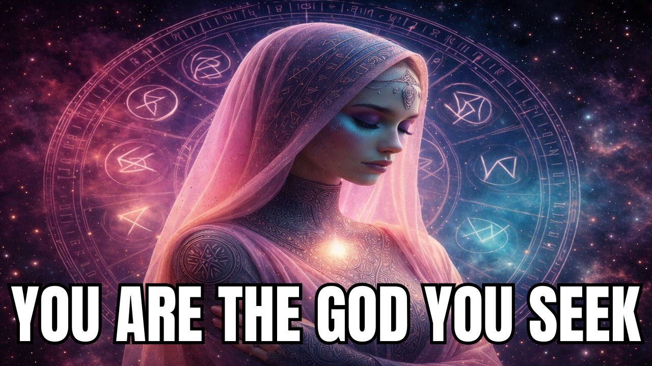 16:9 mystical spiritual graphic featuring an ethereal veiled feminine figure with soft blue-toned skin and closed eyes, centered against a dark cosmic background filled with stars, violet light, and teal nebula tones. A glowing circular sacred symbol with arcane glyphs radiates behind her head and shoulders, while a subtle heart-center light shines from her chest. Large bold white title text with a black outline across the bottom reads, “YOU ARE THE GOD YOU SEEK.”