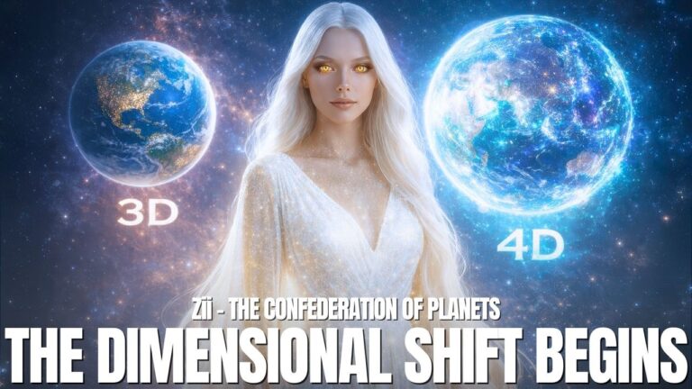 A luminous feminine figure in white stands between two glowing Earth spheres labeled 3D and 4D, symbolizing humanity’s shift from old density into higher consciousness. Blue, violet, and white cosmic light surrounds the scene, while bold text across the bottom reads, “THE DIMENSIONAL SHIFT BEGINS.” The image conveys spiritual transformation, New Earth activation, and the acceleration of open contact preparation.