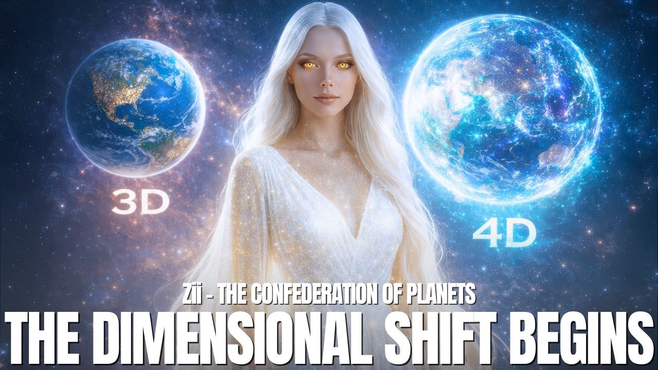 A luminous feminine figure in white stands between two glowing Earth spheres labeled 3D and 4D, symbolizing humanity’s shift from old density into higher consciousness. Blue, violet, and white cosmic light surrounds the scene, while bold text across the bottom reads, “THE DIMENSIONAL SHIFT BEGINS.” The image conveys spiritual transformation, New Earth activation, and the acceleration of open contact preparation.