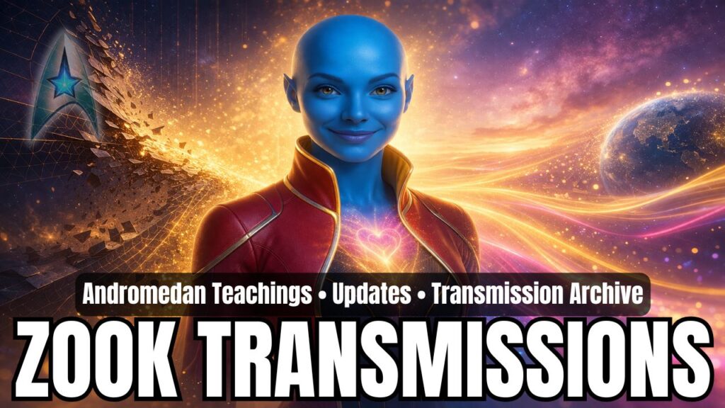 Blue-skinned Andromedan emissary Zook standing centered with a warm, playful smile and softly glowing golden eyes, surrounded by a radiant cosmic backdrop where dissolving geometric timelines fade into flowing light ribbons of gold, magenta, and blue, symbolizing timeline collapse, embodied freedom, and heart-led ascension, with a luminous Earth in the distance and a gentle heart-field glow at her chest representing unity consciousness, inner coherence, and the easing into New Earth alignment through surrender, presence, and joyful transformation.